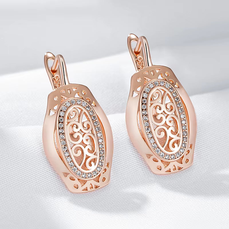 Hot 585 Rose Gold Color Ethnic Bride Drop Earrings for Women Hollow Pattern Natural Zircon Accessories Daily Fine Jewelry