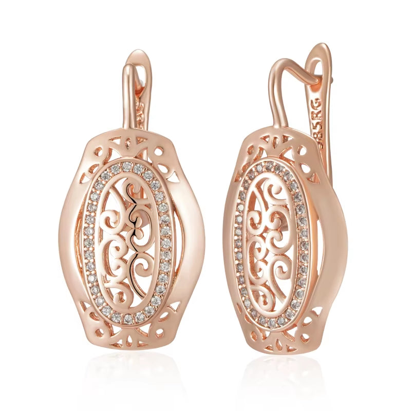Hot 585 Rose Gold Color Ethnic Bride Drop Earrings for Women Hollow Pattern Natural Zircon Accessories Daily Fine Jewelry