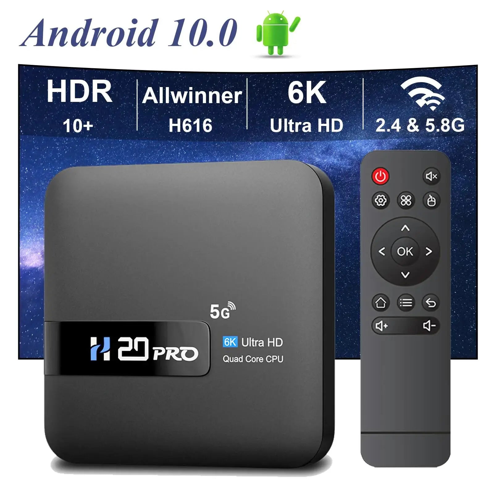 H20PRO Smart TV Box Wifi6 Android 10 6K 4K 3D Media Player TV Box Android 2.4G&5G WIFI Very Fast 1080P Set Top Box