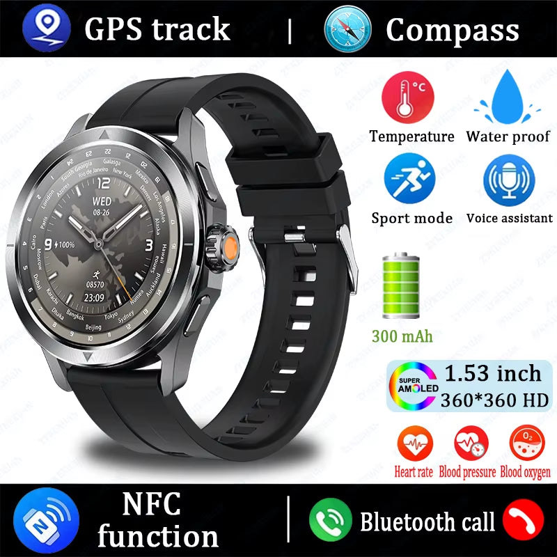 2025 New S4 Ultra Outdoor Sports Smart Watch Men AMOLED Screen NFC GPS Compass Heart Rate Waterproof Bluetooth Call Smartwatch