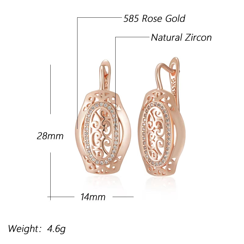 Hot 585 Rose Gold Color Ethnic Bride Drop Earrings for Women Hollow Pattern Natural Zircon Accessories Daily Fine Jewelry